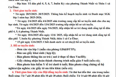 THÔNG BÁO TUYỂN SINH VÀO LỚP 1 NĂM HỌC 2025-2026